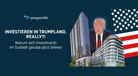 Abbildung von Trump zwischen Gebäuden; Schriftzug: "Investieren in Trumpland. Really?! Warum sich Investments im Sunbelt gerade jetzt lohnen"