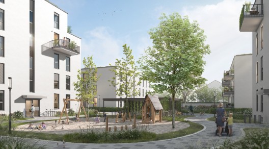 Innenhof eines computergenerierten Wohngebäudes in Berlin Innenhof eines computergenerierten Wohngebäudes in Berlin